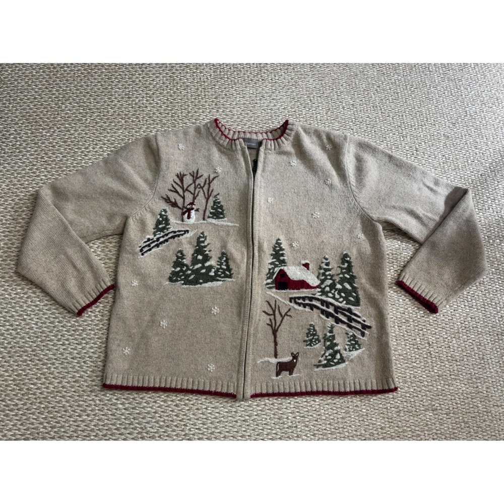 Cardigan Sweater Snowman Barn vintage wool angora holiday cottagecore granny LG